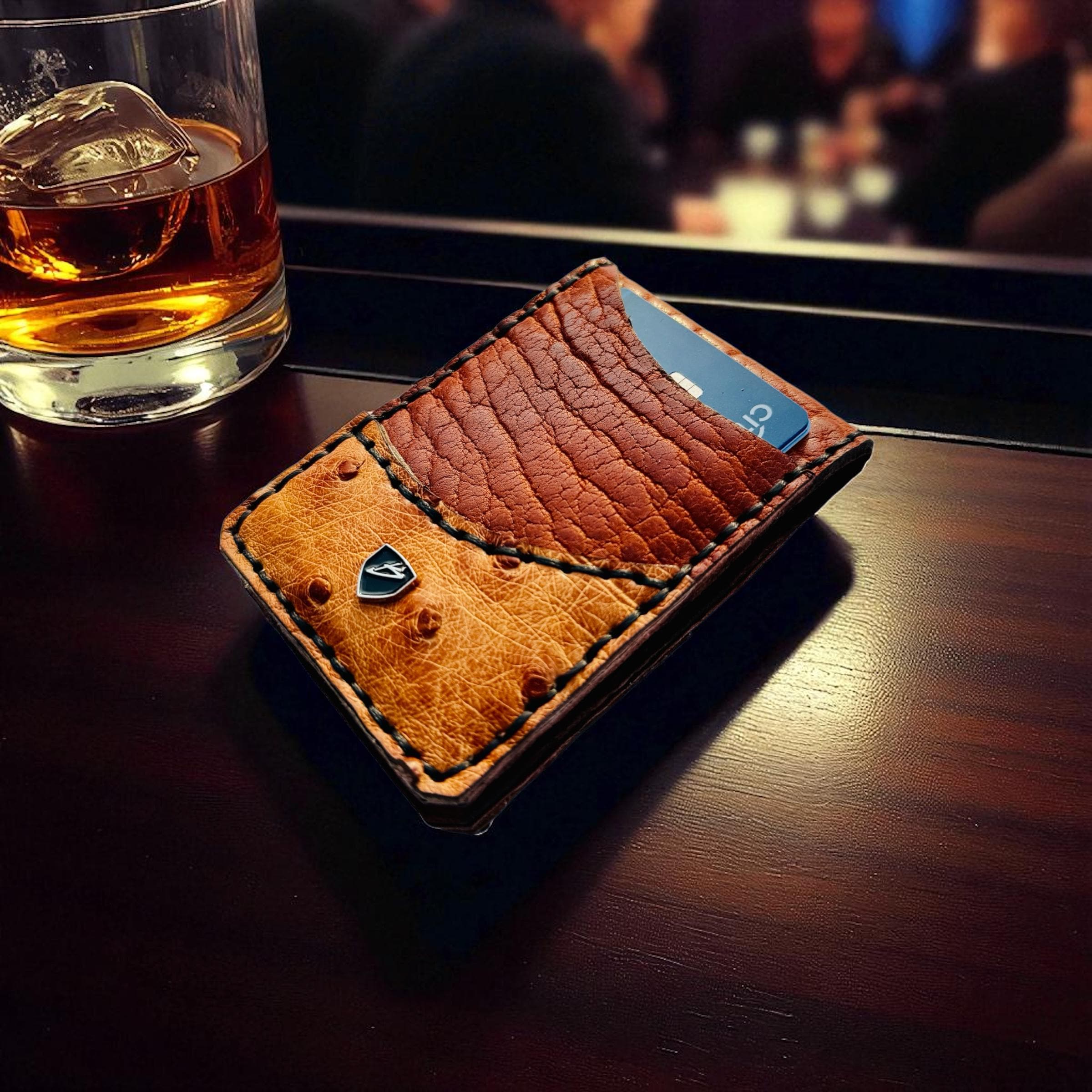 Handmade Ostrich & Bison Leather Money Clip Wallet