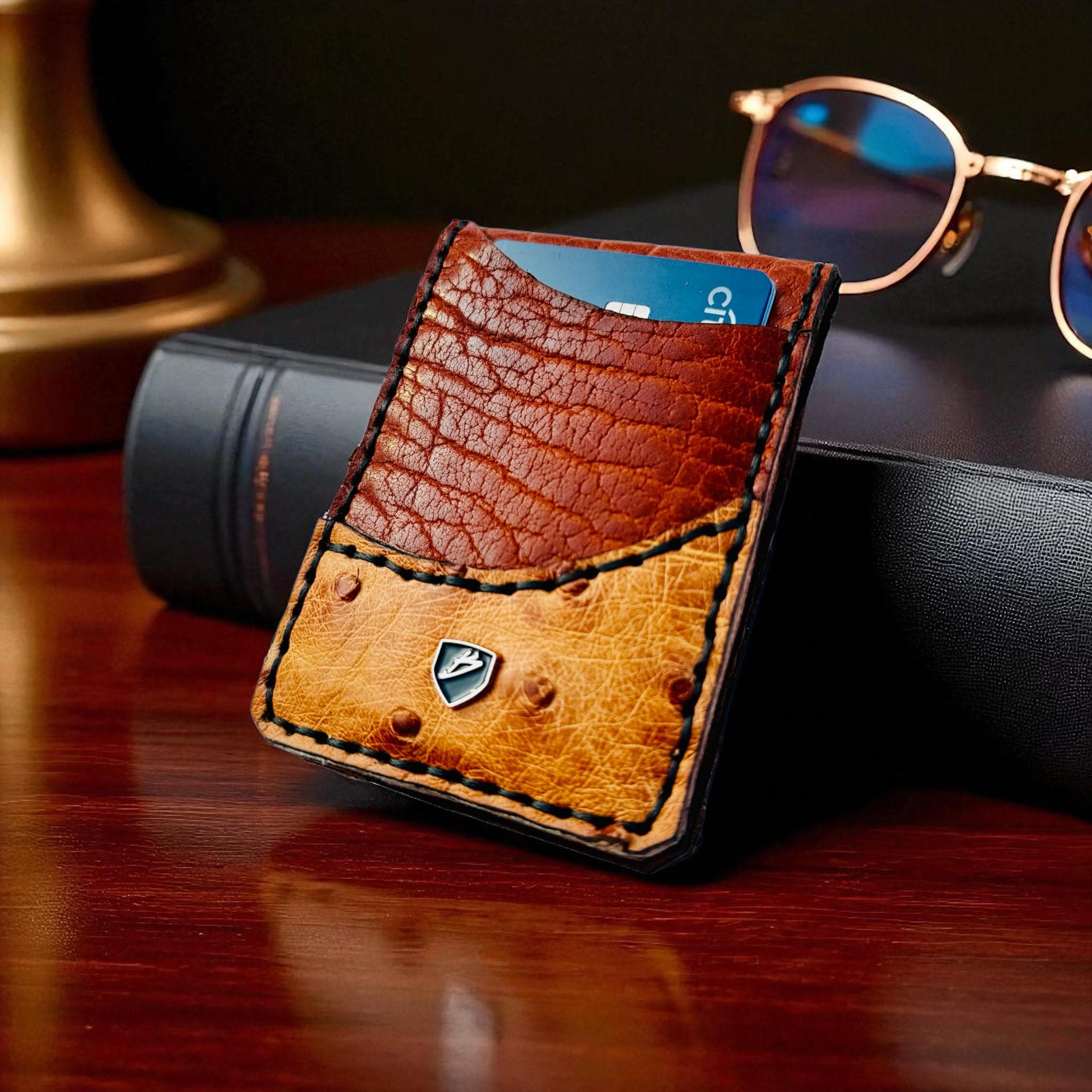 Handmade Ostrich & Bison Leather Money Clip Wallet