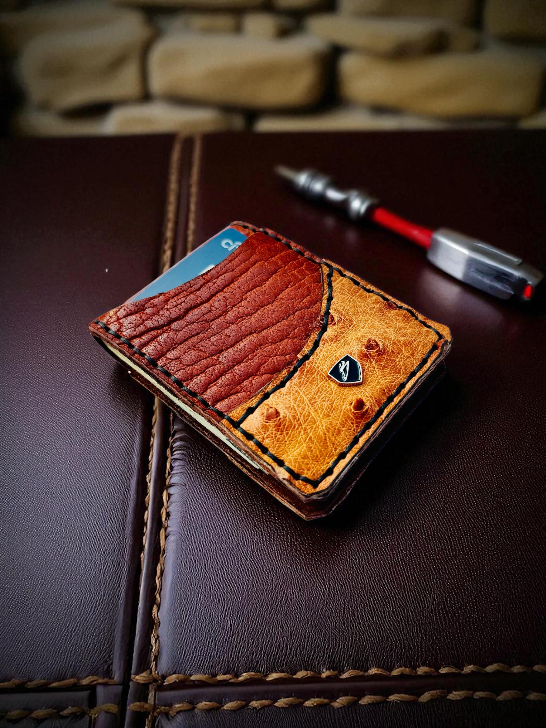 Handmade Ostrich & Bison Leather Money Clip Wallet