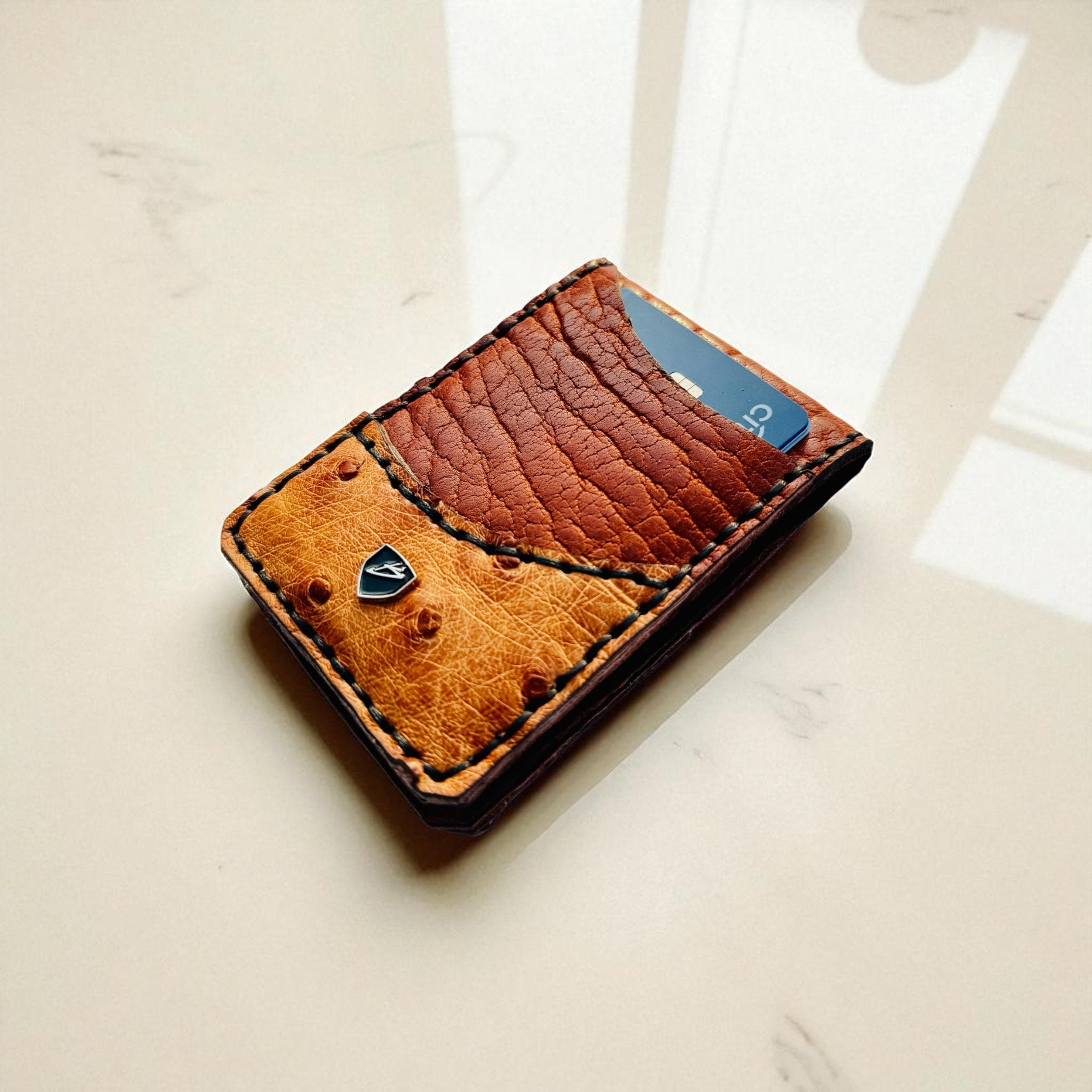 Handmade Ostrich & Bison Leather Money Clip Wallet