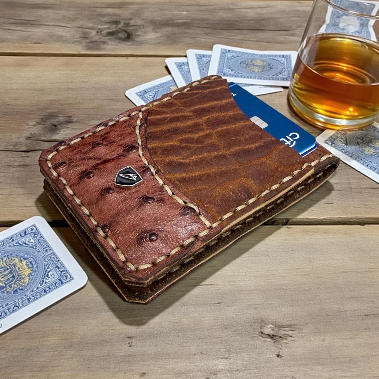 Handmade Ostrich Leather on Tucson Bison Money Clip Wallet: Minimalist Design