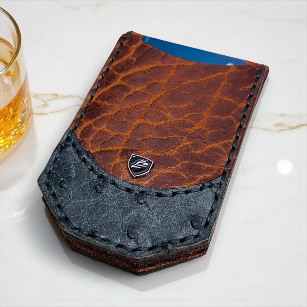 Handmade Ostrich & Bison Leather Money Clip Wallet