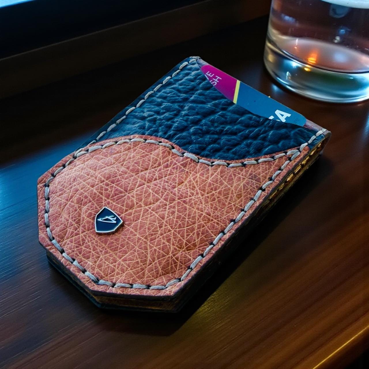 Shrunken Genuine Leather and Ostrich Belly Magnetic Money Clip Wallet