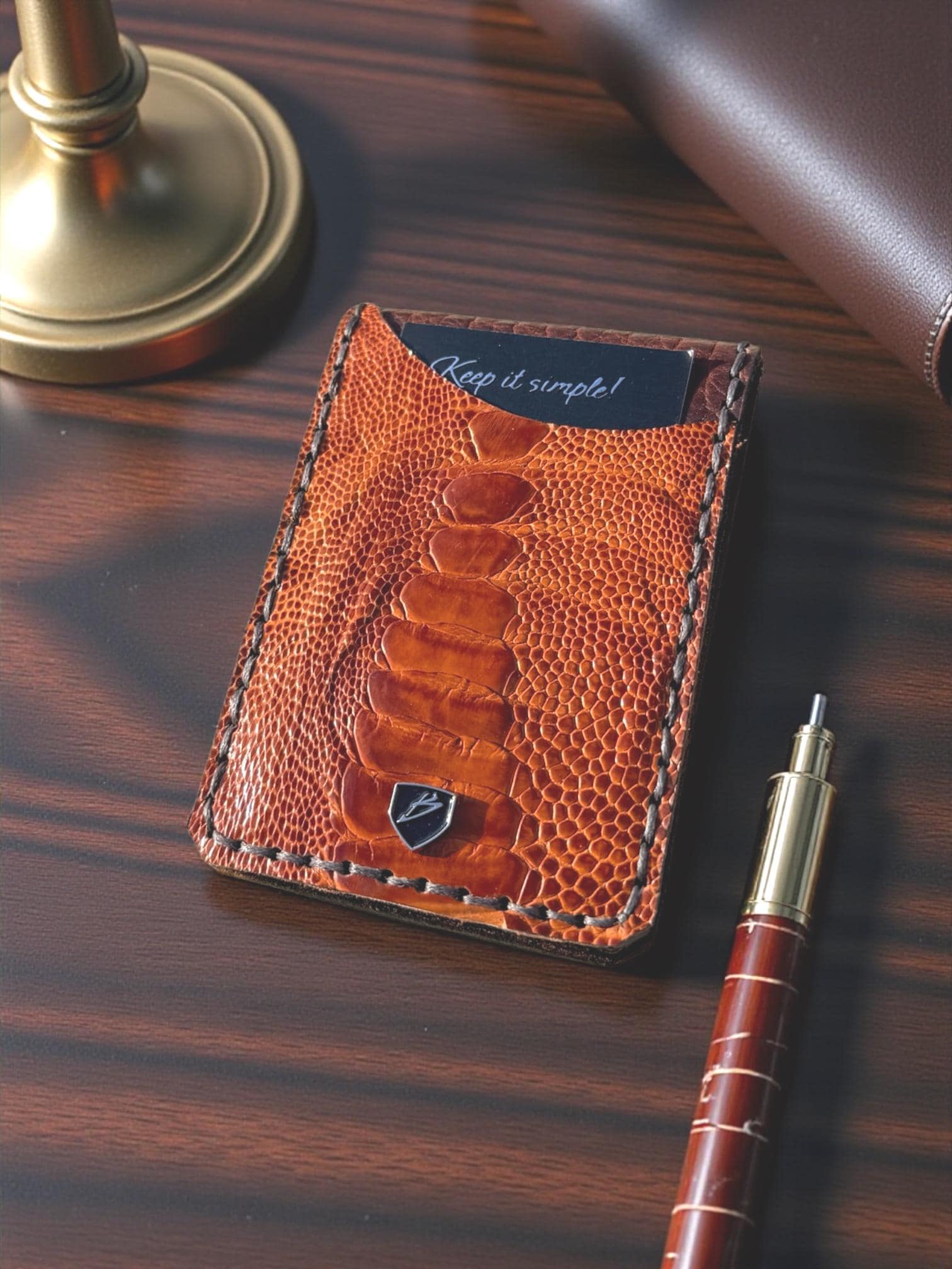 Grade A Cognac Ostrich Leather Money Clip Wallet | Minimalist Front Pocket Design
