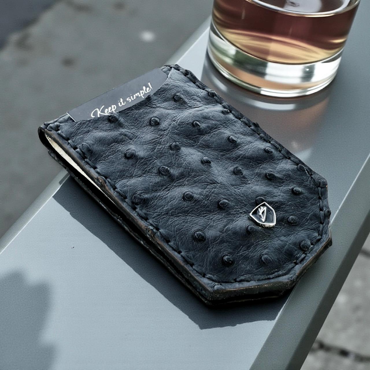 Black Grade A Ostrich Leather Money Clip Wallet | Minimalist Front Pocket Design