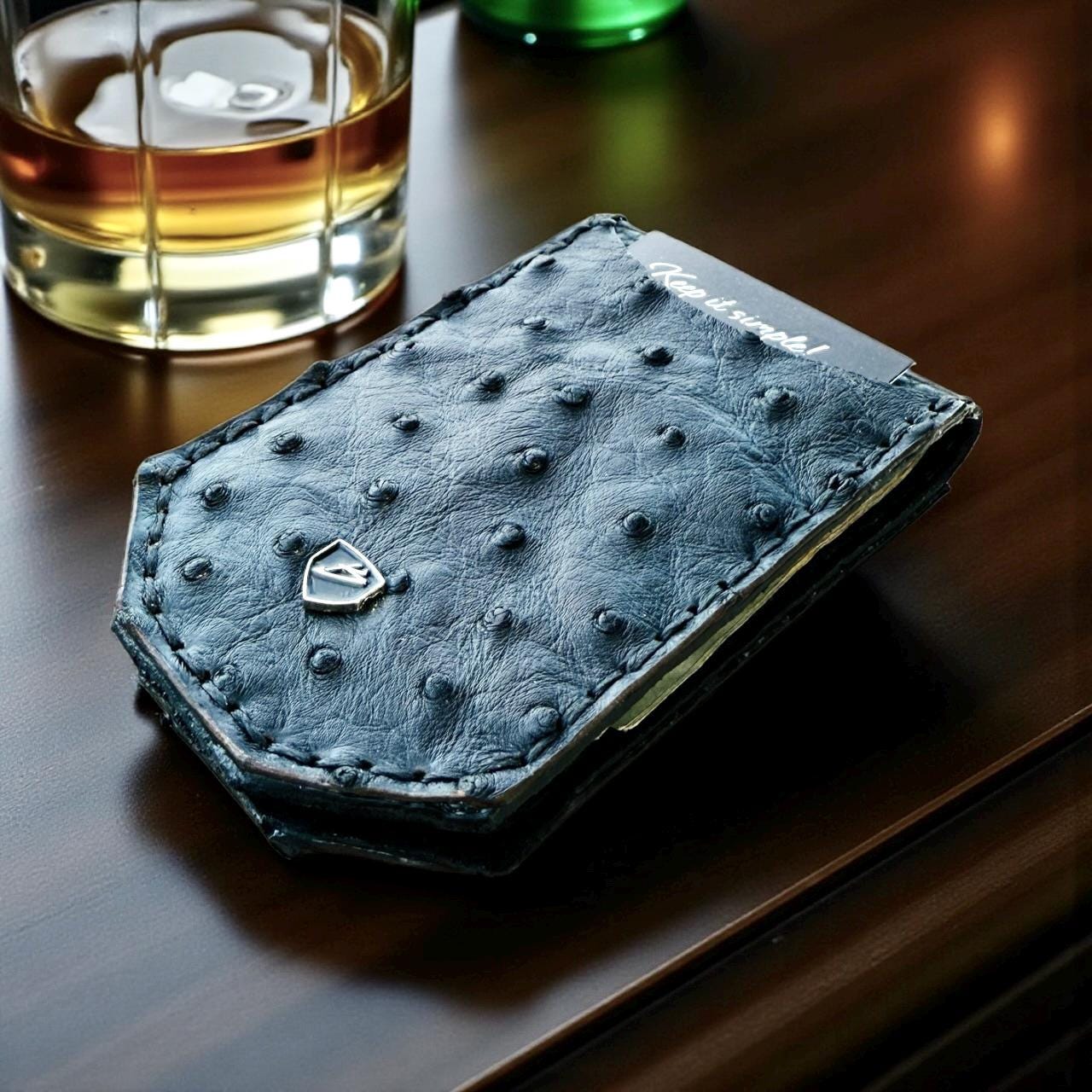 Black Grade A Ostrich Leather Money Clip Wallet | Minimalist Front Pocket Design