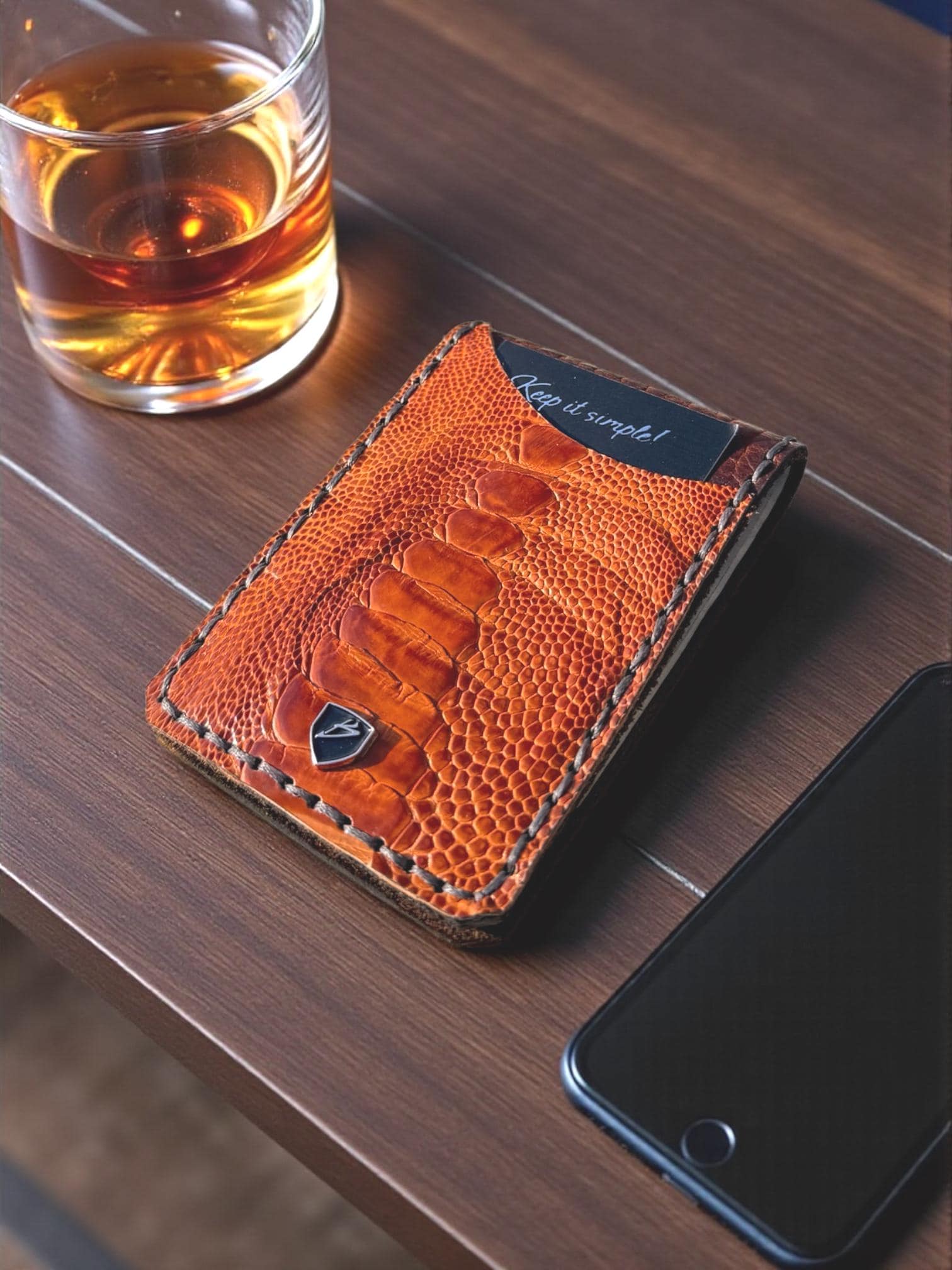 Grade A Cognac Ostrich Leather Money Clip Wallet | Minimalist Front Pocket Design