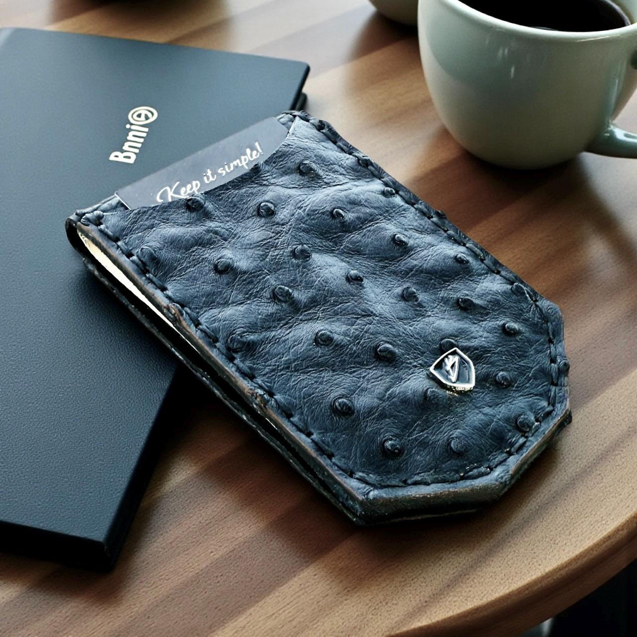 Black Grade A Ostrich Leather Money Clip Wallet | Minimalist Front Pocket Design