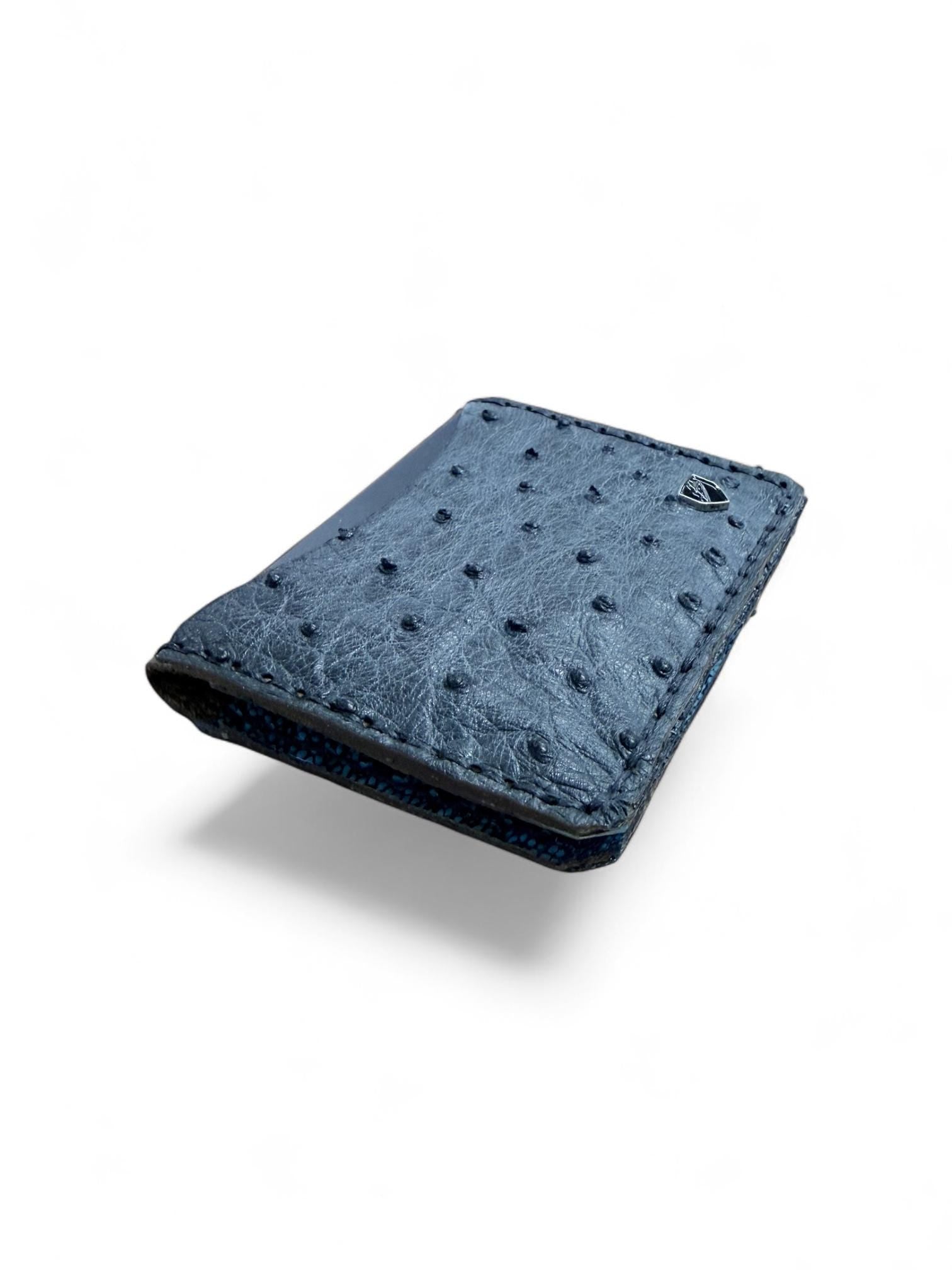 Charcoal Ostrich Leather Bilfold – Teal Interior | Handmade Exotic Bifold | Made in USA