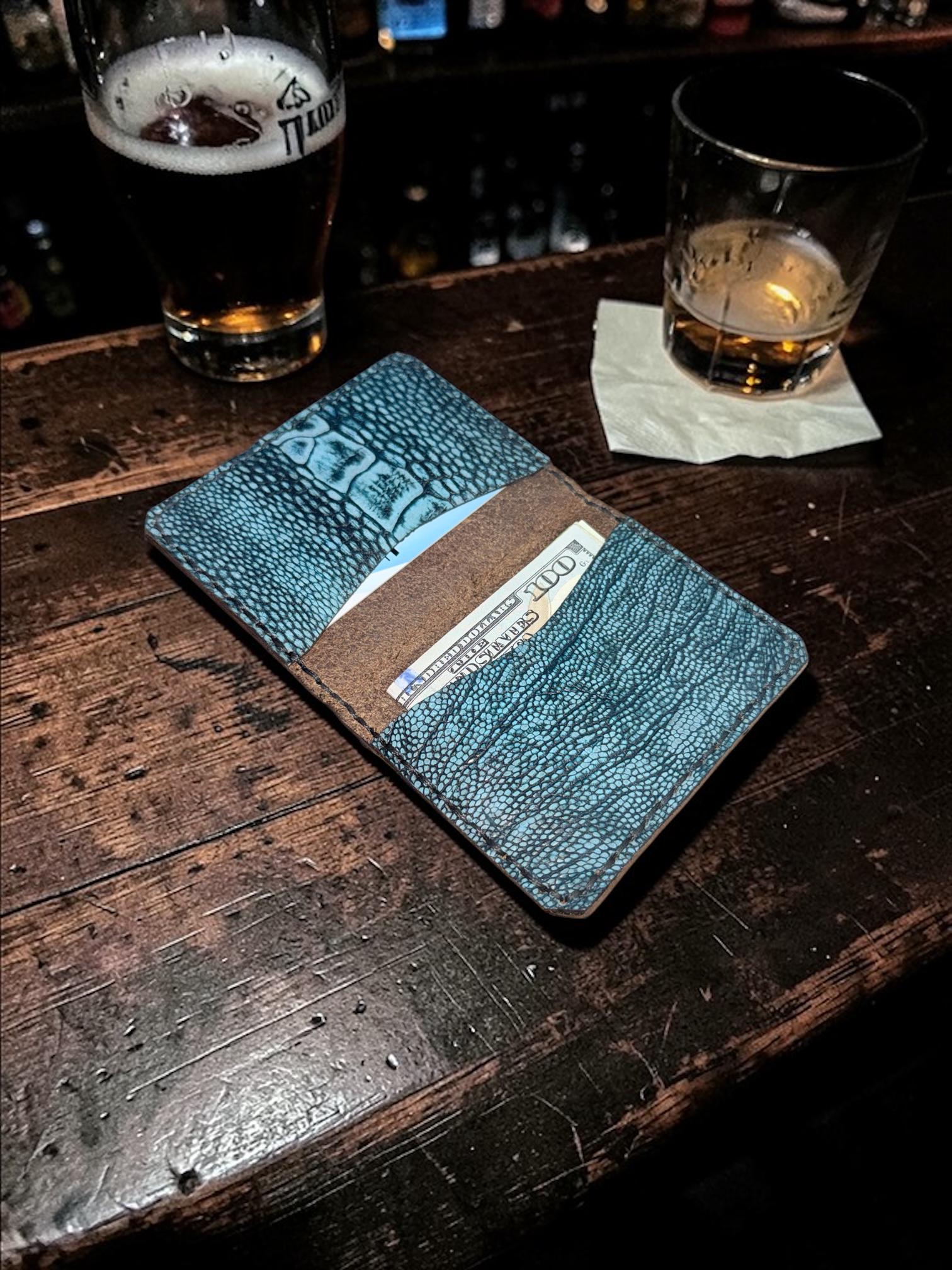 Charcoal Ostrich Leather Bilfold – Teal Interior | Handmade Exotic Bifold | Made in USA